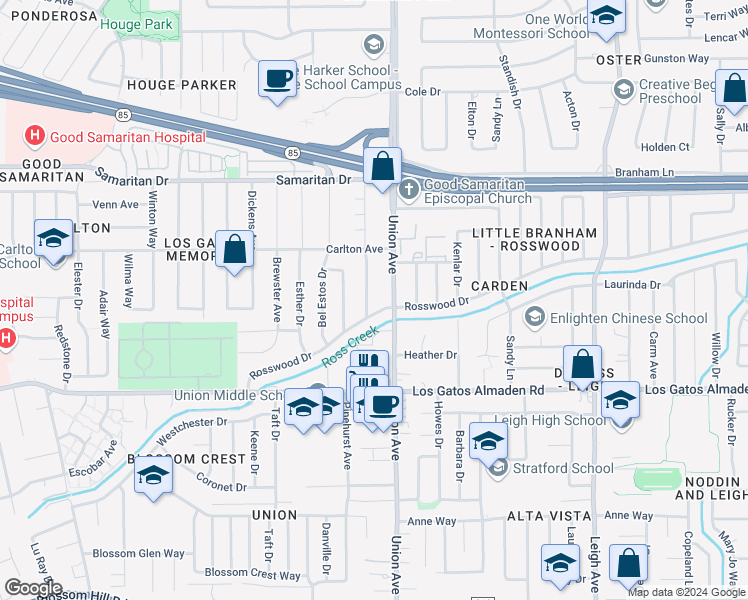 map of restaurants, bars, coffee shops, grocery stores, and more near 4990 Bel Escou Drive in San Jose