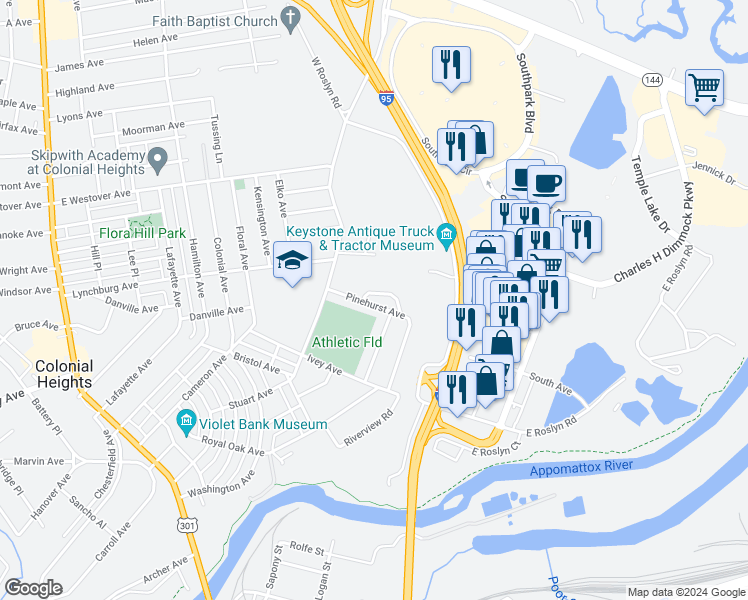 map of restaurants, bars, coffee shops, grocery stores, and more near 614 Pinehurst Avenue in Colonial Heights