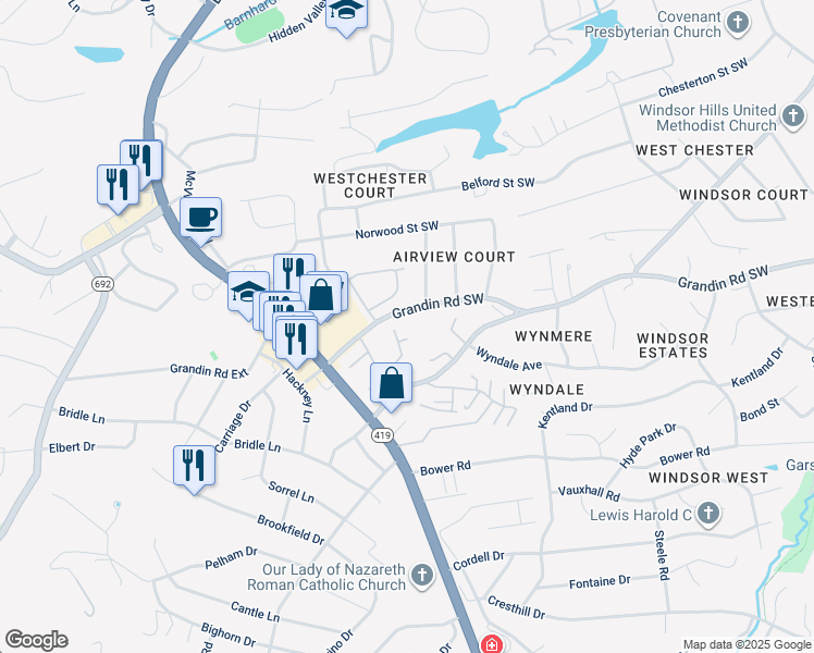 map of restaurants, bars, coffee shops, grocery stores, and more near 4865 Glen Ivy Lane Southwest in Roanoke