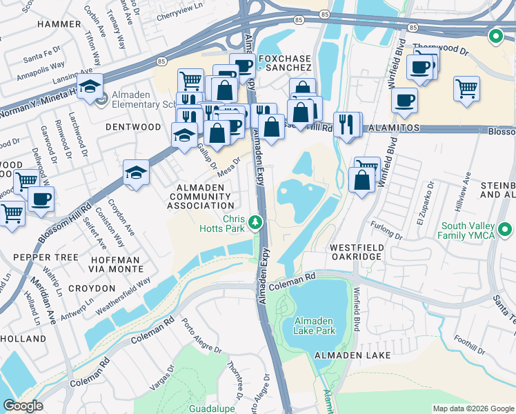 map of restaurants, bars, coffee shops, grocery stores, and more near 5745-5747 Almaden Road in San Jose
