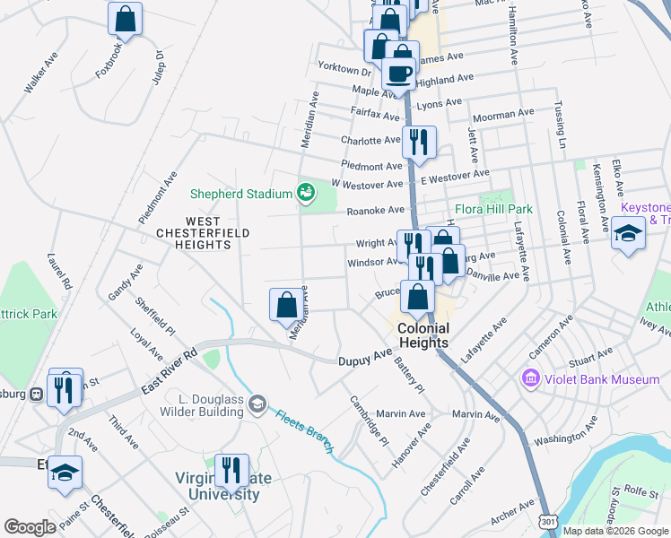 map of restaurants, bars, coffee shops, grocery stores, and more near 212 Plumtree Avenue in Colonial Heights