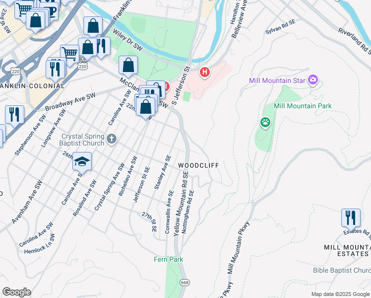 map of restaurants, bars, coffee shops, grocery stores, and more near 124 23rd Street Southeast in Roanoke