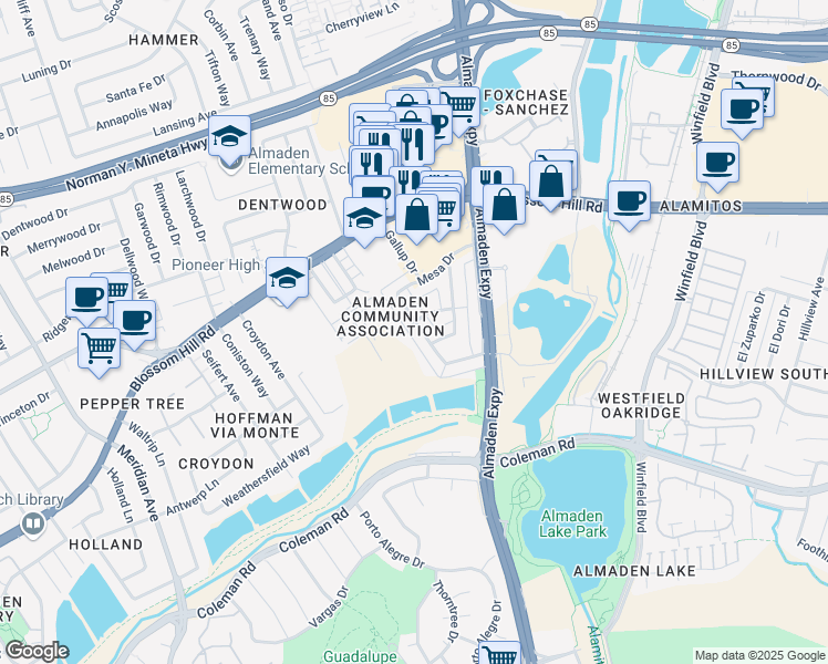 map of restaurants, bars, coffee shops, grocery stores, and more near 5709 Via Monte in San Jose