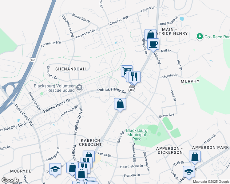 map of restaurants, bars, coffee shops, grocery stores, and more near 1001 Patrick Henry Drive in Blacksburg