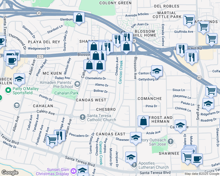 map of restaurants, bars, coffee shops, grocery stores, and more near 662 Alamo Drive in San Jose