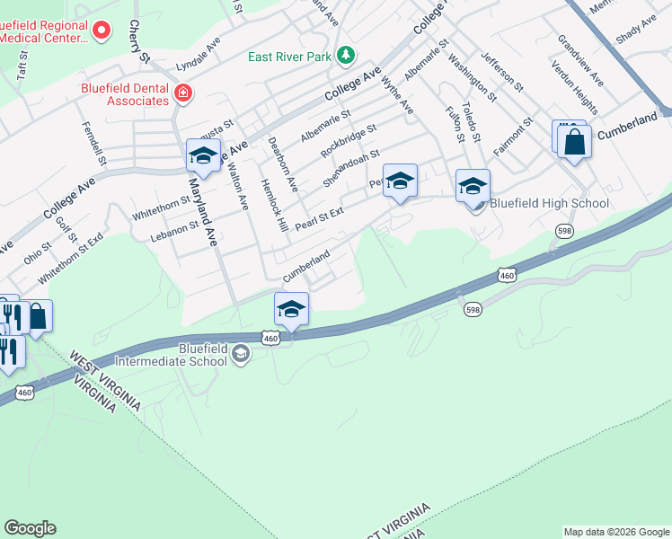 map of restaurants, bars, coffee shops, grocery stores, and more near 732 3 Springs Drive in Bluefield
