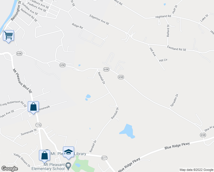 map of restaurants, bars, coffee shops, grocery stores, and more near 3469 Randall Drive in Roanoke