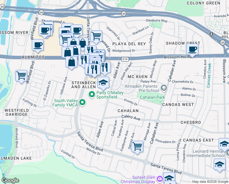 map of restaurants, bars, coffee shops, grocery stores, and more near 5742 Playa Del Rey in San Jose