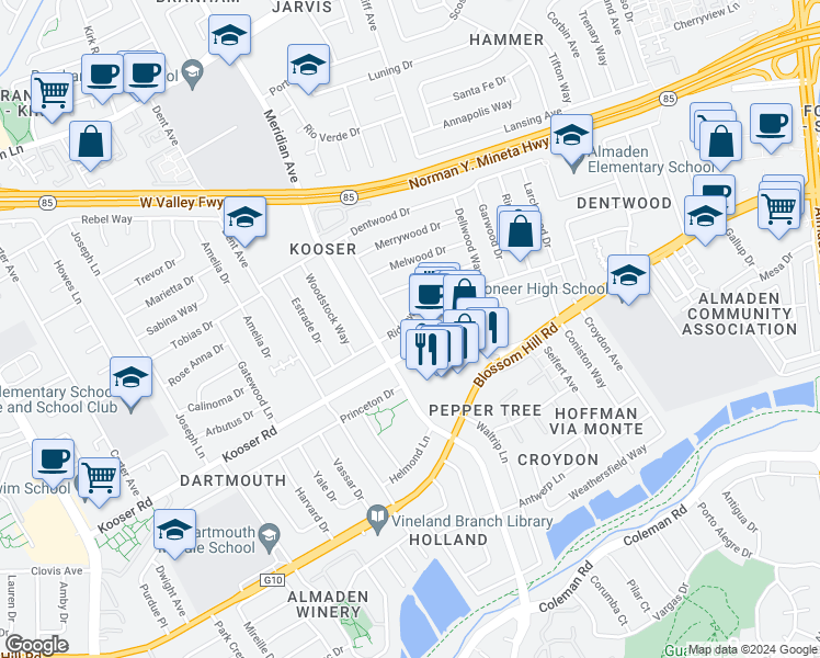 map of restaurants, bars, coffee shops, grocery stores, and more near 1436 Ridgewood Drive in San Jose