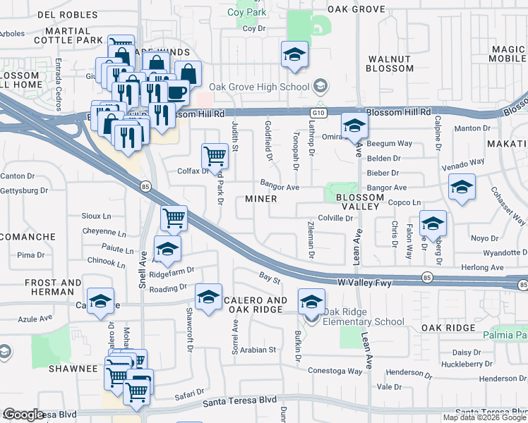 map of restaurants, bars, coffee shops, grocery stores, and more near 5798 Chandler Court in San Jose