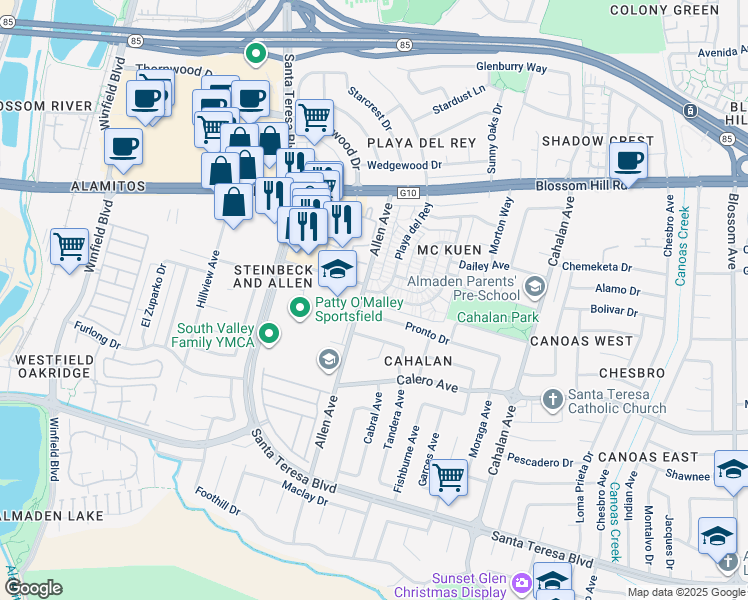 map of restaurants, bars, coffee shops, grocery stores, and more near 5742 Playa Del Rey in San Jose