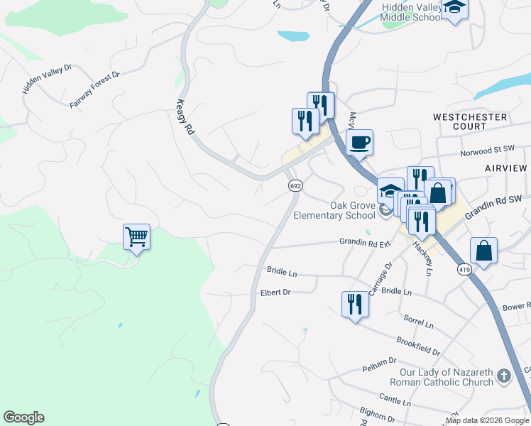 map of restaurants, bars, coffee shops, grocery stores, and more near 5425 Apple Blossom Lane in Cave Spring