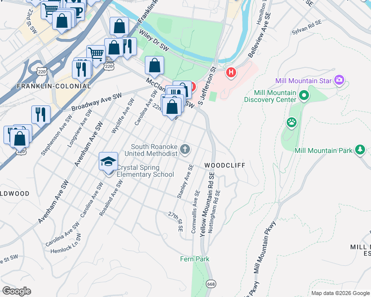map of restaurants, bars, coffee shops, grocery stores, and more near 2330 Jefferson Street Southwest in Roanoke