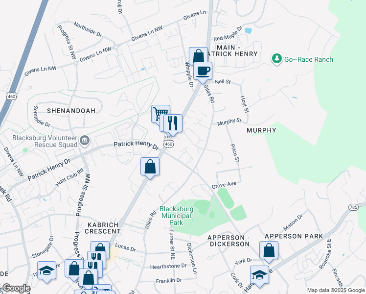 map of restaurants, bars, coffee shops, grocery stores, and more near 880 Patrick Henry Drive in Blacksburg