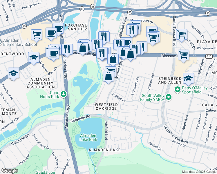 map of restaurants, bars, coffee shops, grocery stores, and more near in San Jose