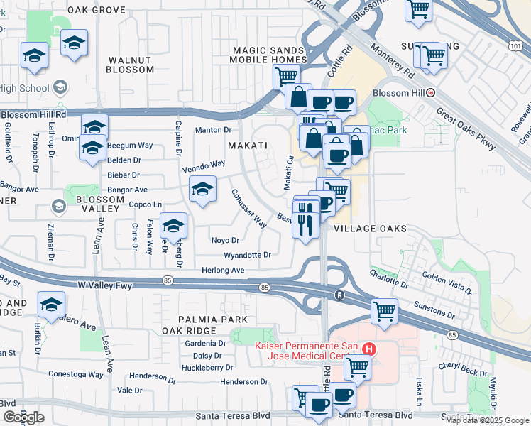 map of restaurants, bars, coffee shops, grocery stores, and more near 5793 Beswick Drive in San Jose