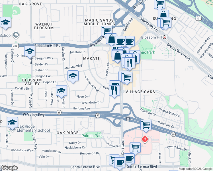 map of restaurants, bars, coffee shops, grocery stores, and more near 5693 Makati Circle in San Jose