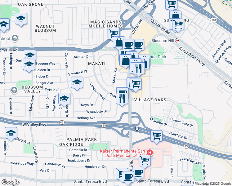 map of restaurants, bars, coffee shops, grocery stores, and more near 5695 Makati Circle in San Jose