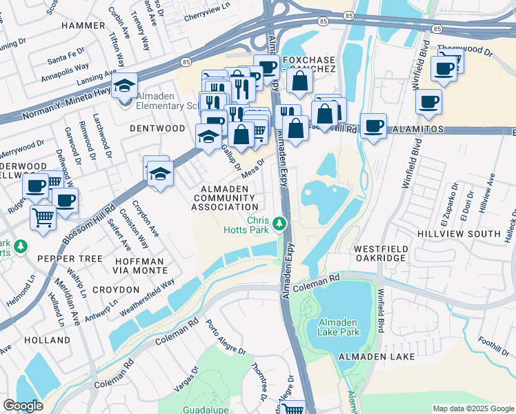 map of restaurants, bars, coffee shops, grocery stores, and more near 5735 Tucson Drive in San Jose