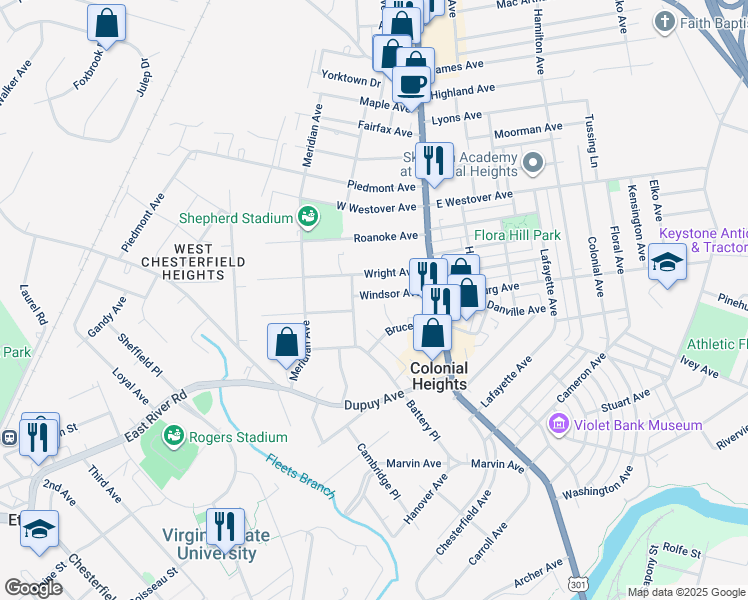 map of restaurants, bars, coffee shops, grocery stores, and more near 153 Windsor Avenue in Colonial Heights