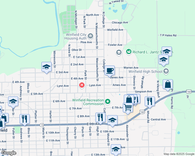 map of restaurants, bars, coffee shops, grocery stores, and more near 401 Massachusetts Street in Winfield
