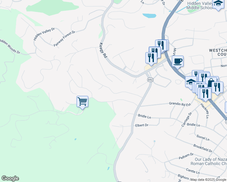 map of restaurants, bars, coffee shops, grocery stores, and more near 5517 Warwood Drive in Cave Spring