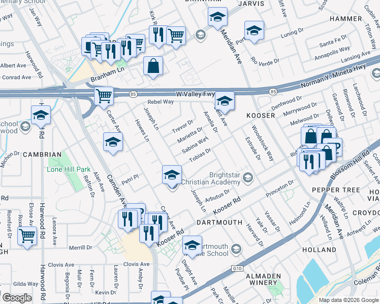 map of restaurants, bars, coffee shops, grocery stores, and more near 1584 Sabina Way in San Jose