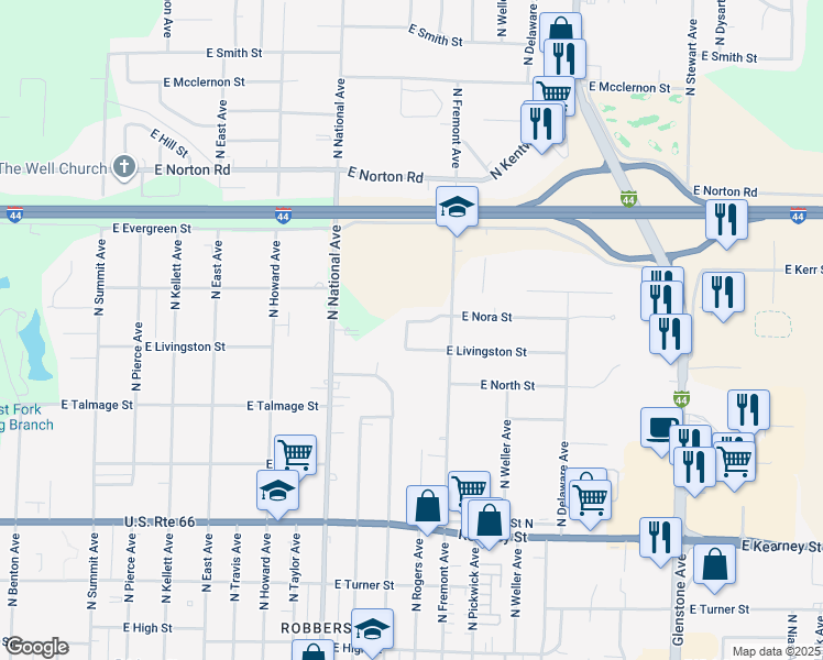 map of restaurants, bars, coffee shops, grocery stores, and more near 2720 North Eloise Avenue in Springfield