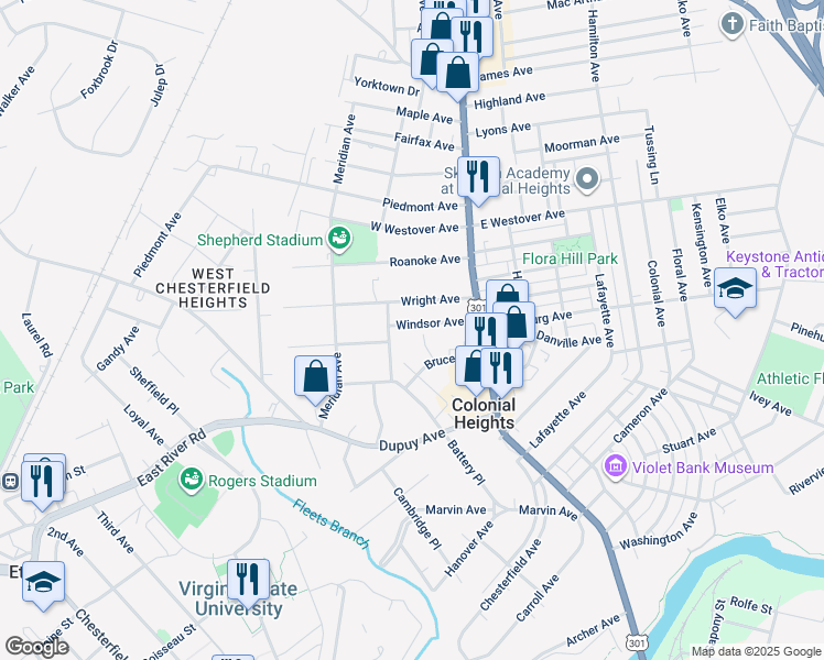 map of restaurants, bars, coffee shops, grocery stores, and more near 153 Windsor Avenue in Colonial Heights