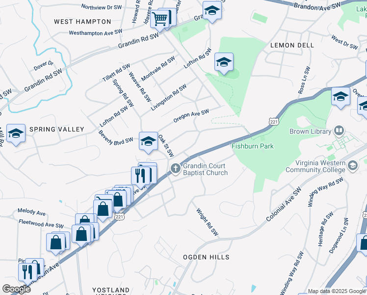 map of restaurants, bars, coffee shops, grocery stores, and more near 3151 Woodlawn Avenue Southwest in Roanoke