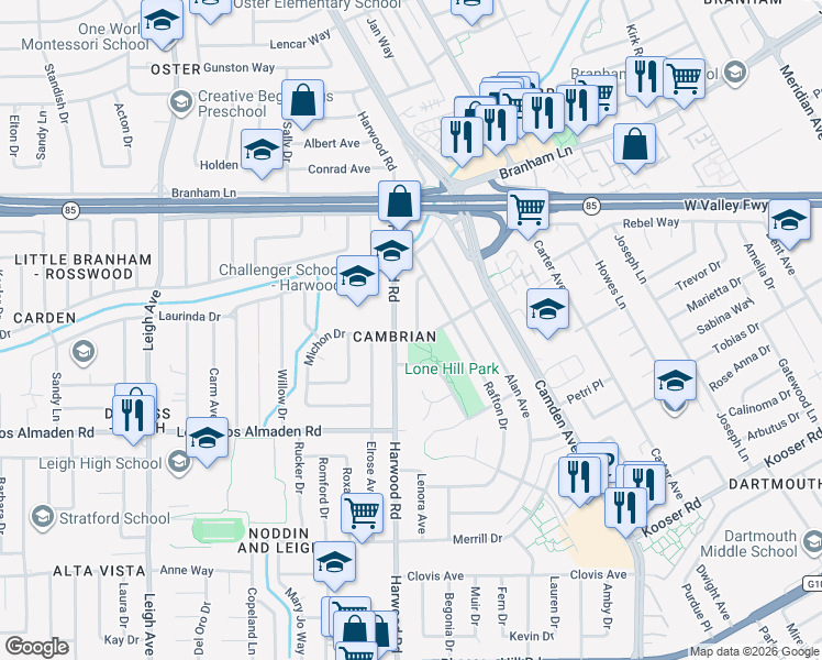map of restaurants, bars, coffee shops, grocery stores, and more near 4999 Gattucio Drive in San Jose