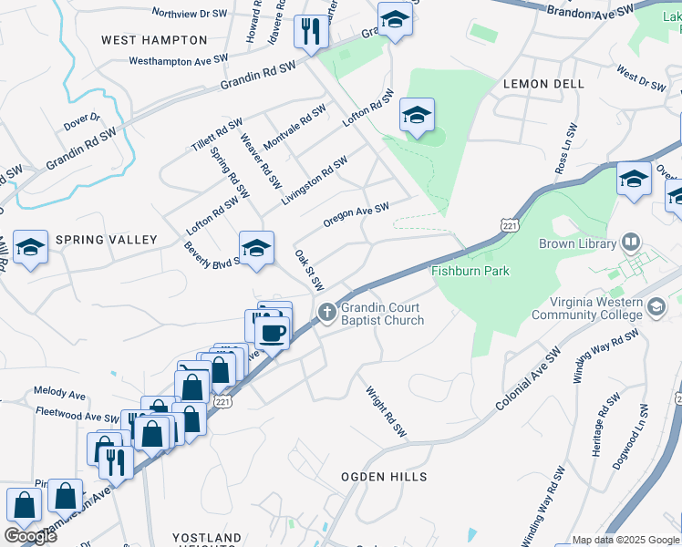 map of restaurants, bars, coffee shops, grocery stores, and more near 3151 Woodlawn Avenue Southwest in Roanoke