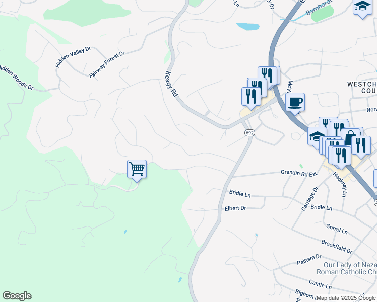 map of restaurants, bars, coffee shops, grocery stores, and more near 5517 Warwood Drive in Roanoke