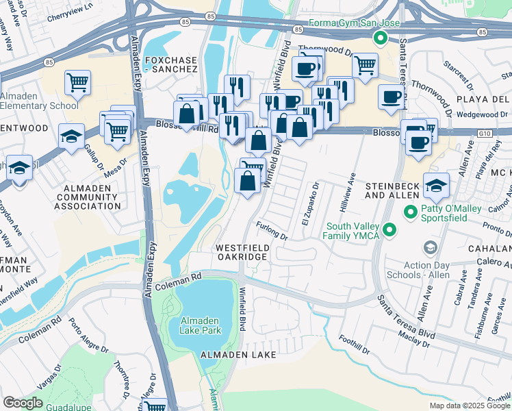 map of restaurants, bars, coffee shops, grocery stores, and more near 5853 Winfield Boulevard in San Jose