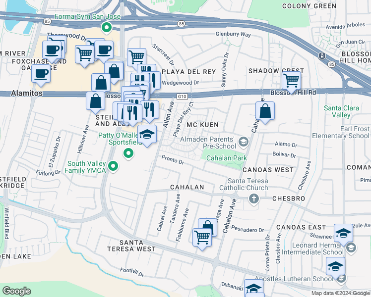 map of restaurants, bars, coffee shops, grocery stores, and more near 5707 Calmor Avenue in San Jose