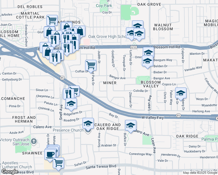 map of restaurants, bars, coffee shops, grocery stores, and more near 5780 Herma Street in San Jose