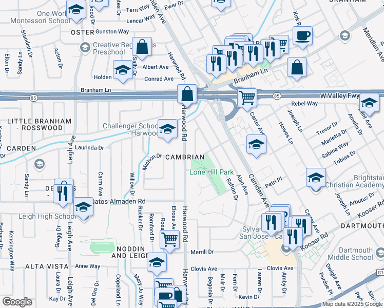 map of restaurants, bars, coffee shops, grocery stores, and more near 4999 Gattucio Drive in San Jose