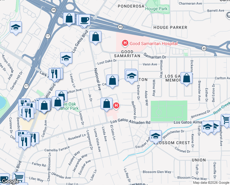 map of restaurants, bars, coffee shops, grocery stores, and more near 211 Drakes Bay Avenue in Los Gatos