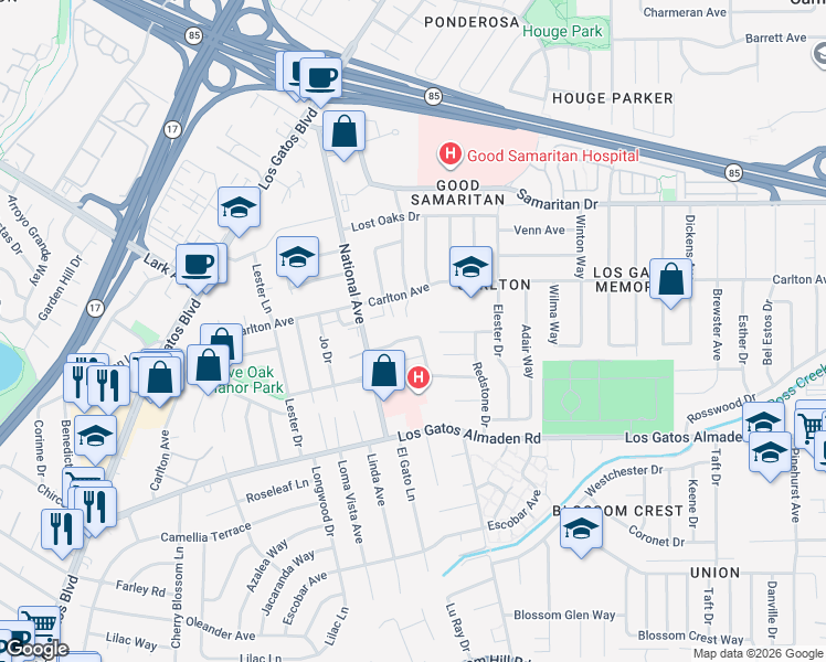 map of restaurants, bars, coffee shops, grocery stores, and more near 211 Drakes Bay Avenue in Los Gatos
