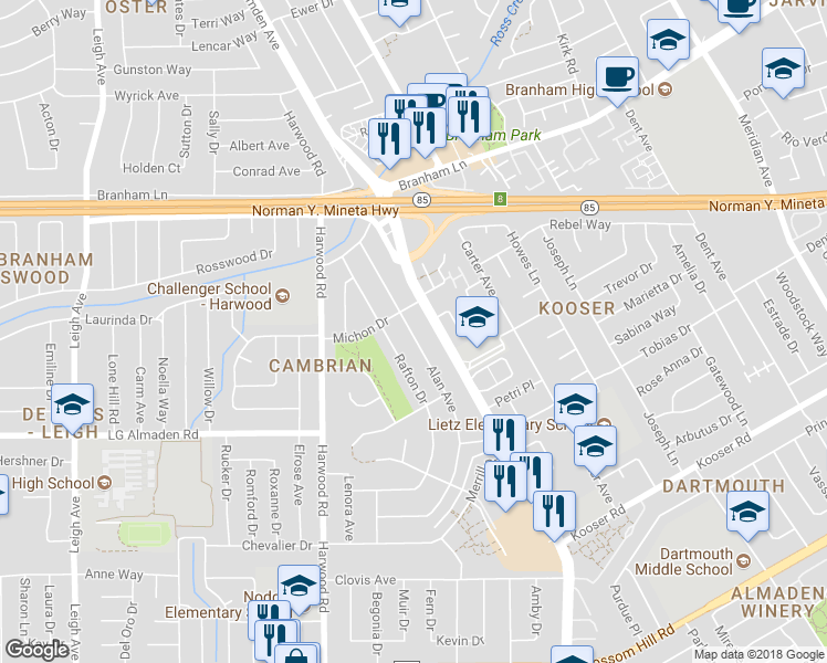 map of restaurants, bars, coffee shops, grocery stores, and more near 5048 Alan Avenue in San Jose