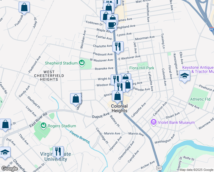map of restaurants, bars, coffee shops, grocery stores, and more near 139 Windsor Avenue in Colonial Heights