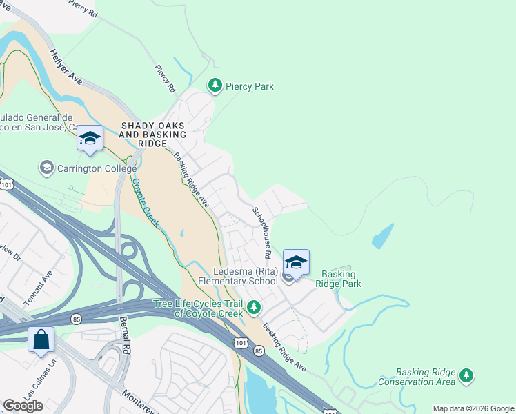 map of restaurants, bars, coffee shops, grocery stores, and more near 851 Schoolhouse Road in San Jose