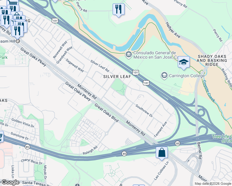 map of restaurants, bars, coffee shops, grocery stores, and more near 5795 Southpine Drive in San Jose