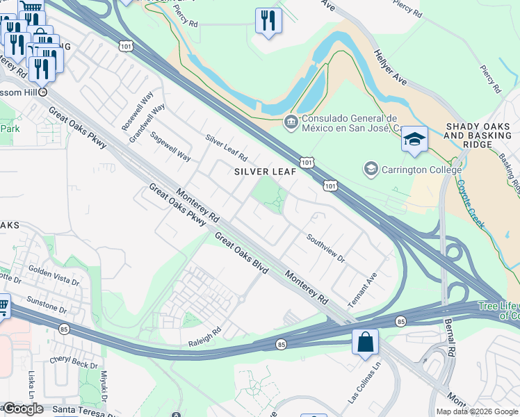 map of restaurants, bars, coffee shops, grocery stores, and more near 5795 Southpine Drive in San Jose