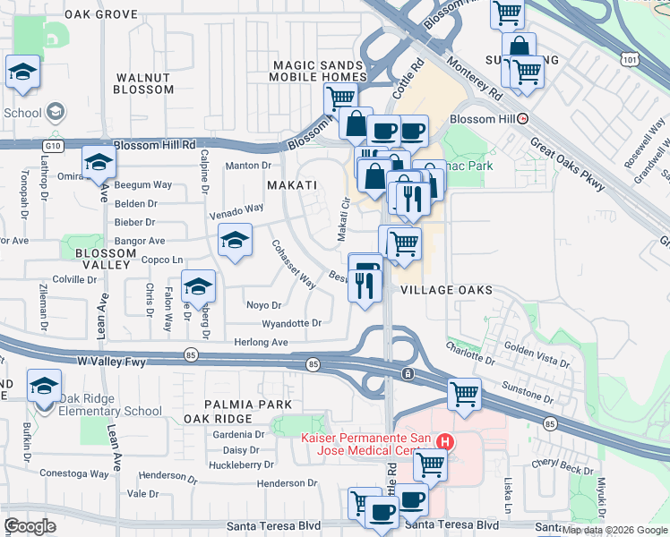 map of restaurants, bars, coffee shops, grocery stores, and more near 5695 Makati Circle in San Jose