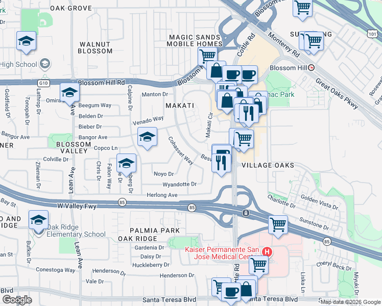 map of restaurants, bars, coffee shops, grocery stores, and more near 5793 Beswick Drive in San Jose