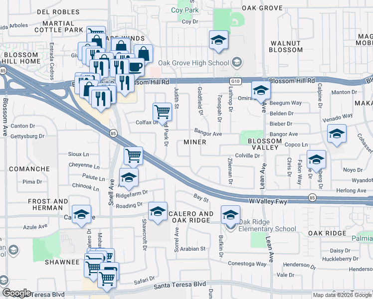 map of restaurants, bars, coffee shops, grocery stores, and more near 5798 Chandler Court in San Jose