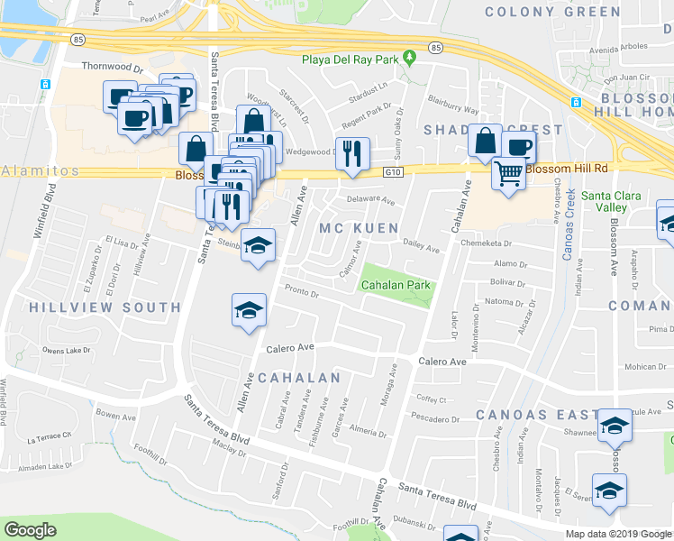 map of restaurants, bars, coffee shops, grocery stores, and more near 5672 Calmor Court in San Jose