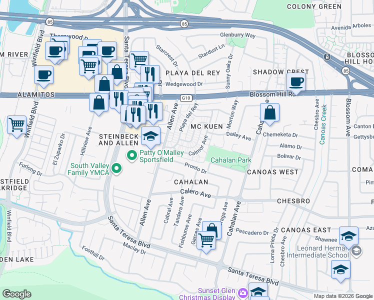 map of restaurants, bars, coffee shops, grocery stores, and more near 5716 Calmor Avenue in San Jose