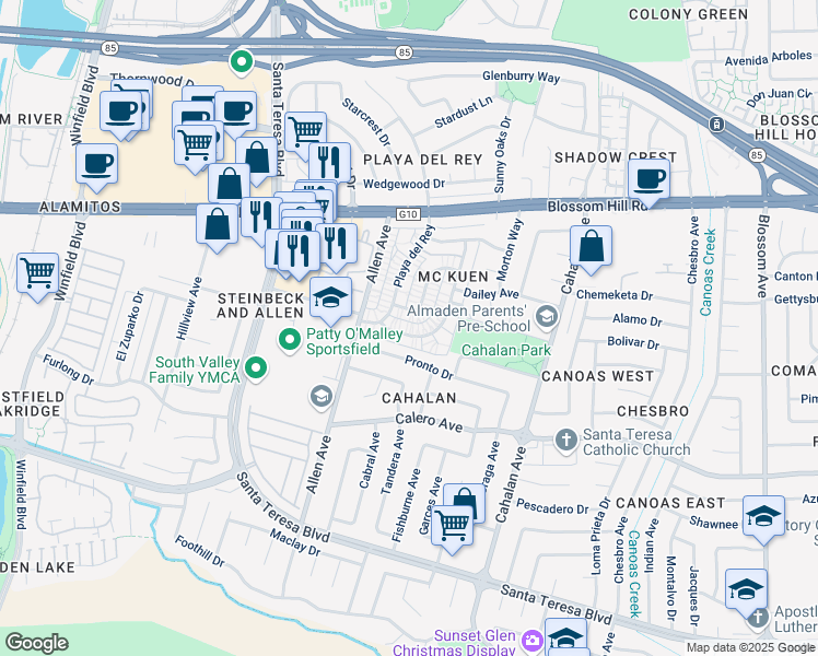 map of restaurants, bars, coffee shops, grocery stores, and more near 5716 Calmor Avenue in San Jose